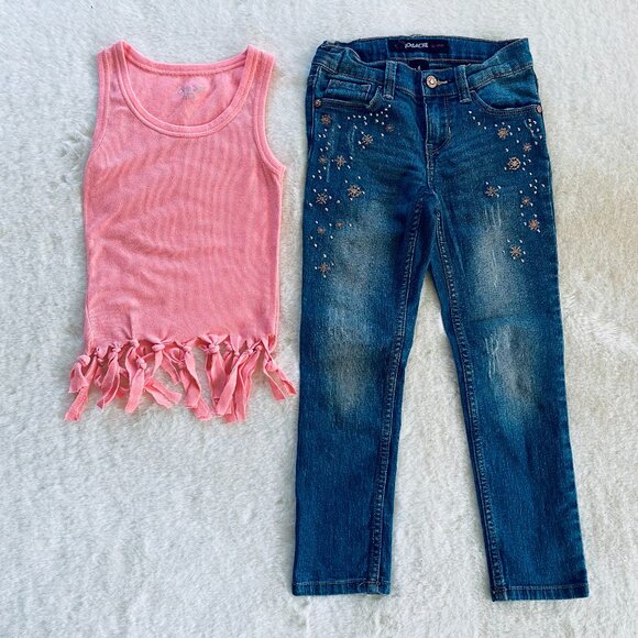 Girl's Outfit size 6 Jordache Bejeweled Distressed Jeans & Tasseled Fringe Tank - Picture 1 of 16